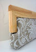 Linen Damask print fabric with  natural wood frame clutch upclose