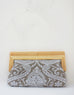 Linen Damask print fabric with  natural wood frame clutch