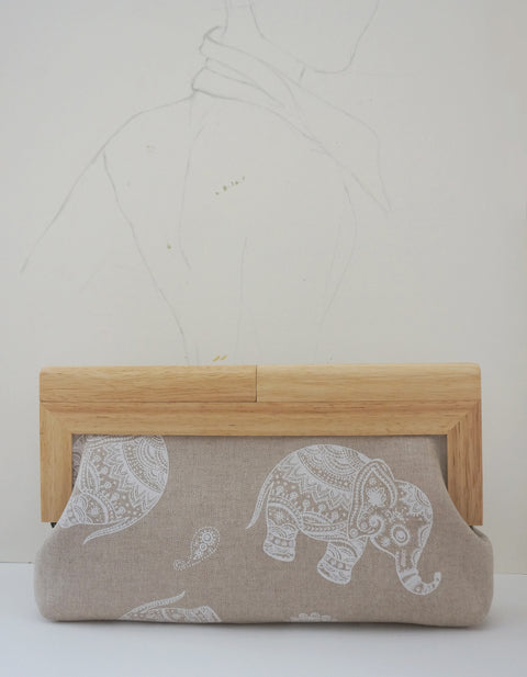 linen elephant clutch with wood frame