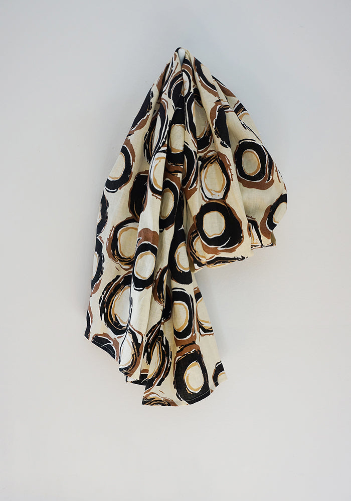Scarf - Beige Black Brown Circles - 100% Linen Print
