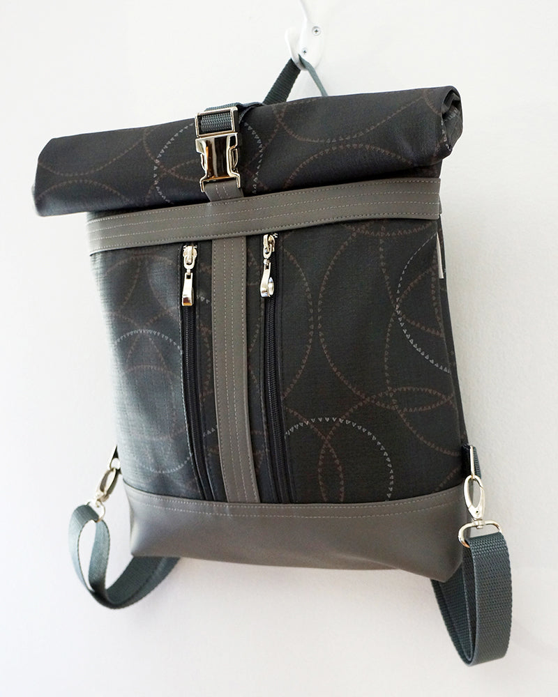 Wanderer - Black Circles Print Vegan-friendly Leather - Rolled-top Backpack