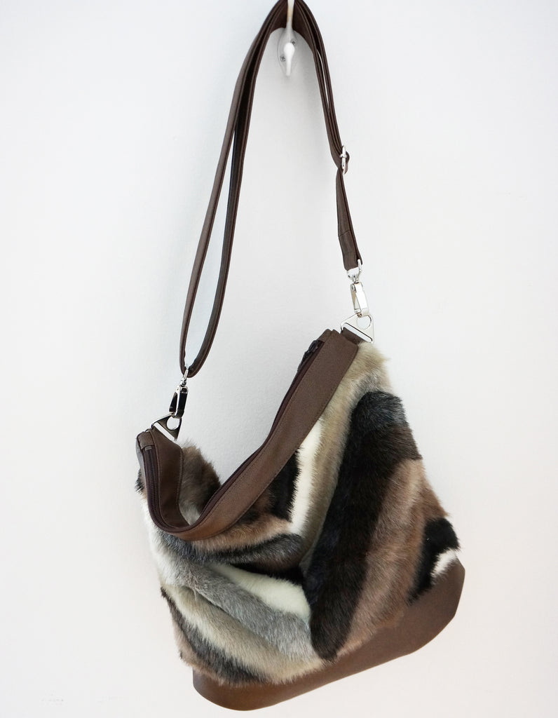 Sofia - vegan fur & leather, multi-coloured chevron - boho style slouch bag	