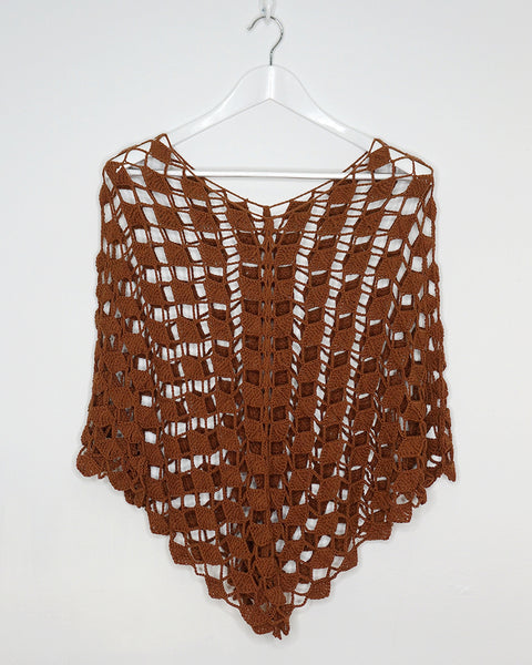 Crochet Poncho, Organic Cotton, One Size, Brown