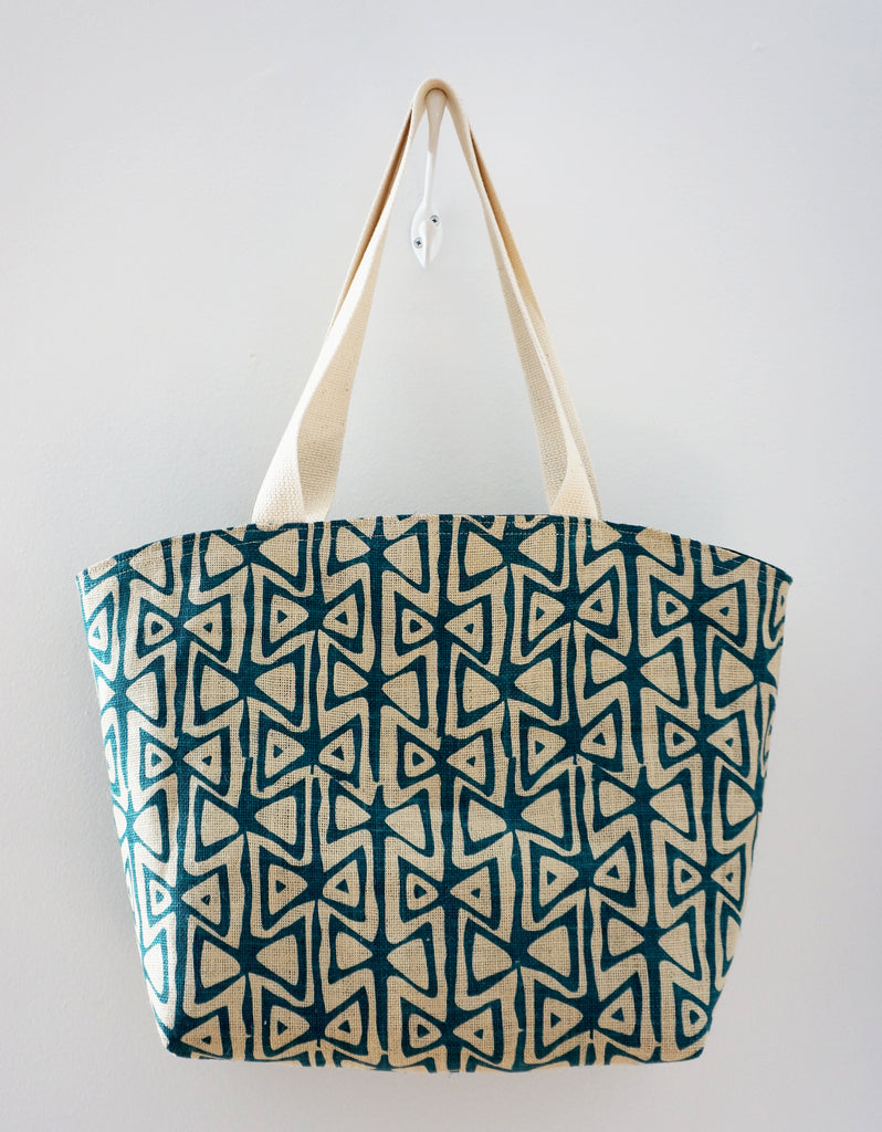 Market Tote - Blue Teal Graphic Print in Jute